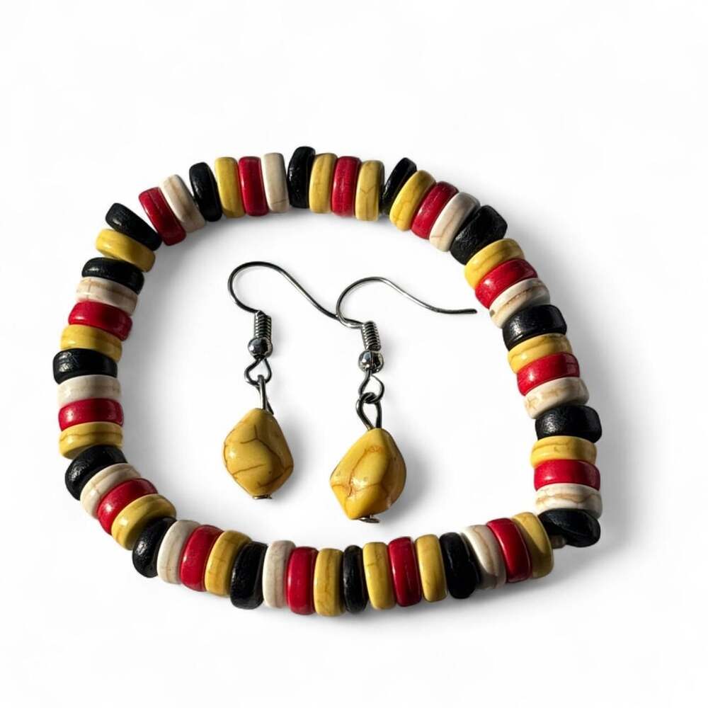 Boho Beaded Bracelet And Dangle Earrings Set Red Yellow Black Cream